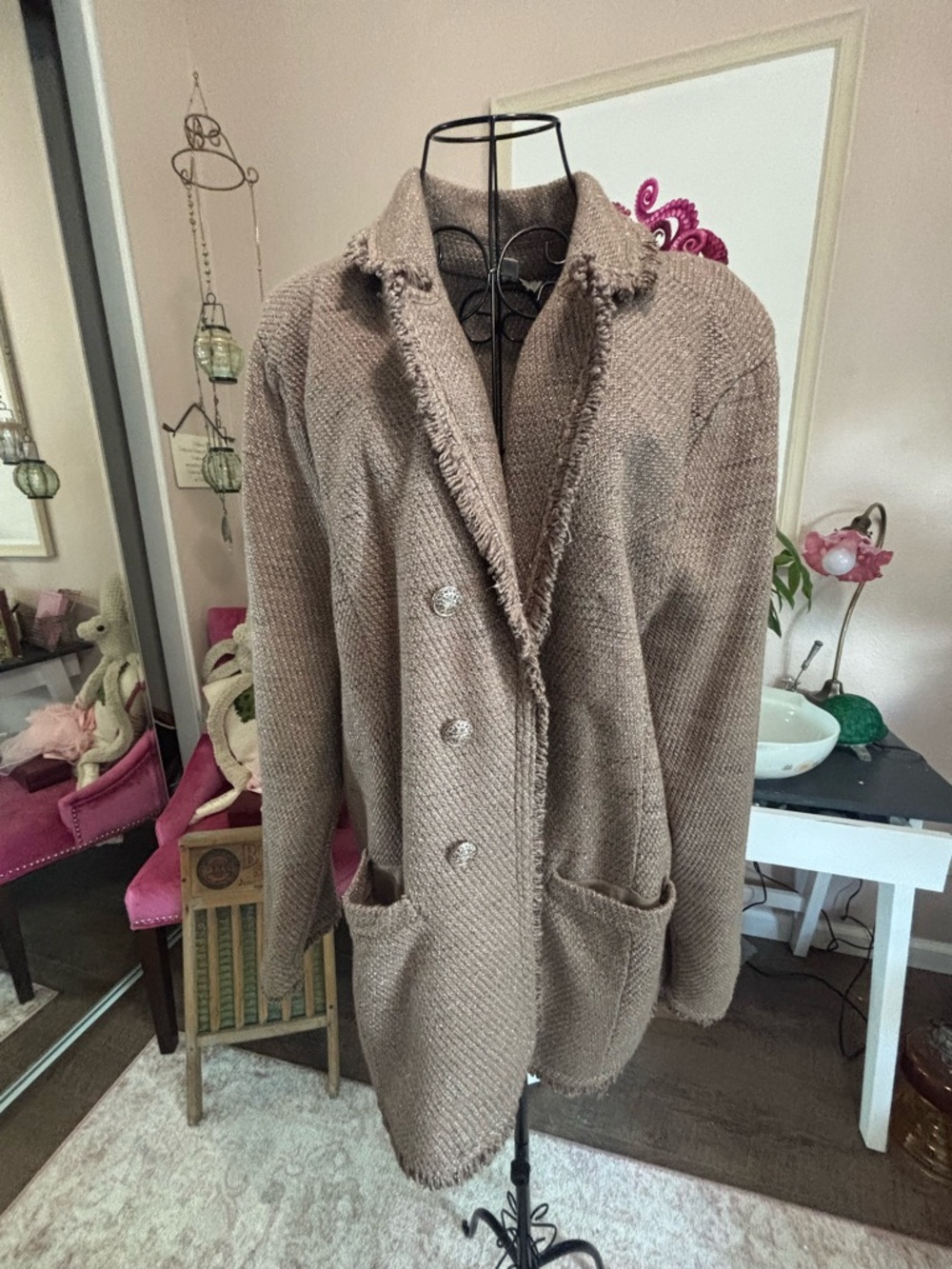 Chico's Taupe Knit Double-Breasted Blazer Cardigan